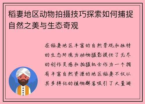 稻妻地区动物拍摄技巧探索如何捕捉自然之美与生态奇观 稻妻地区动物拍摄技巧探索如何捕捉自然之美与生态奇观